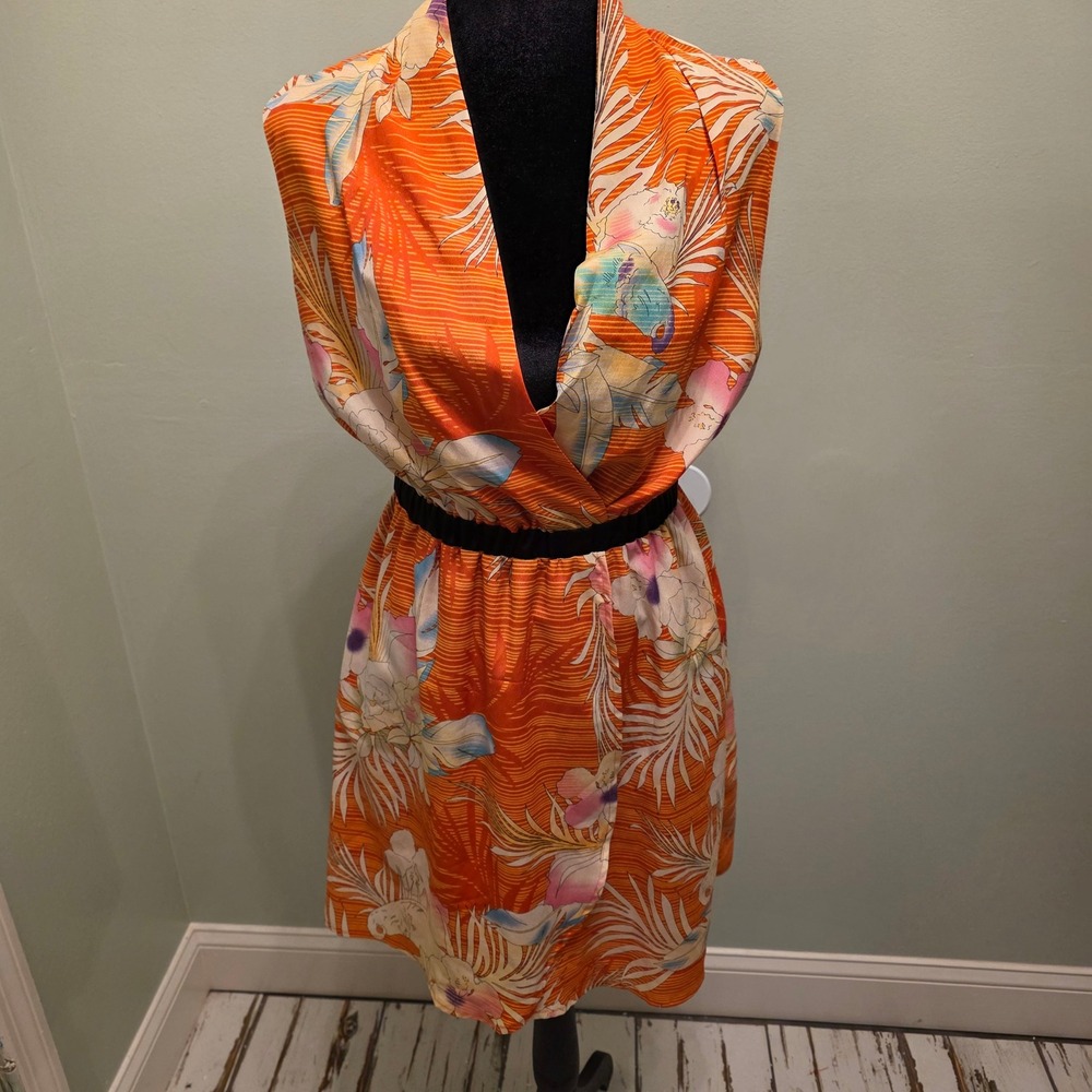 L. Madeline Orange Tropical Floral Parrot Wrap Dress Sleeveless Small MD328